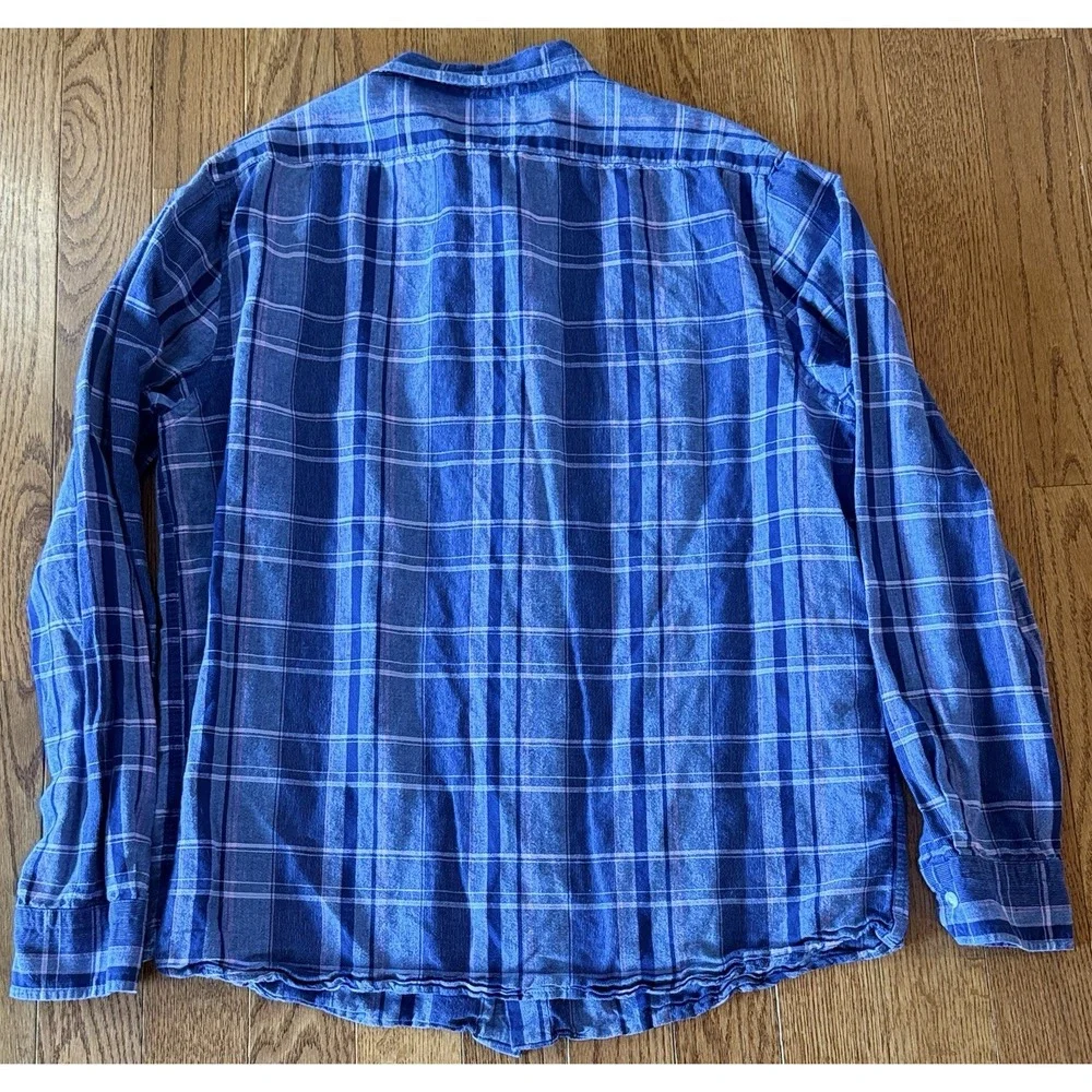 Banana Republic Linen Blend Shirt Men Large Tall Slim Fit Blue Plaid Long Sleeve